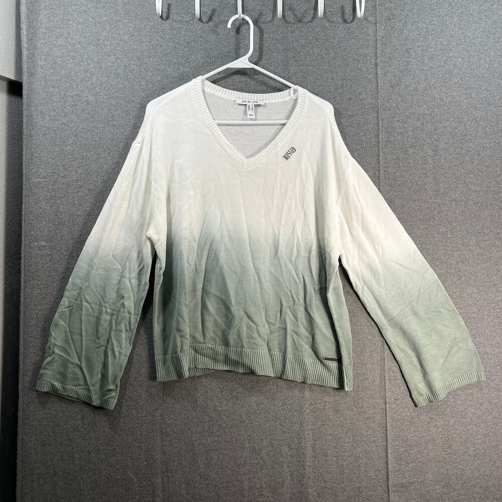 Peace Love World Dip Due Embroidered Affirmation Sweater Agave Green Medium